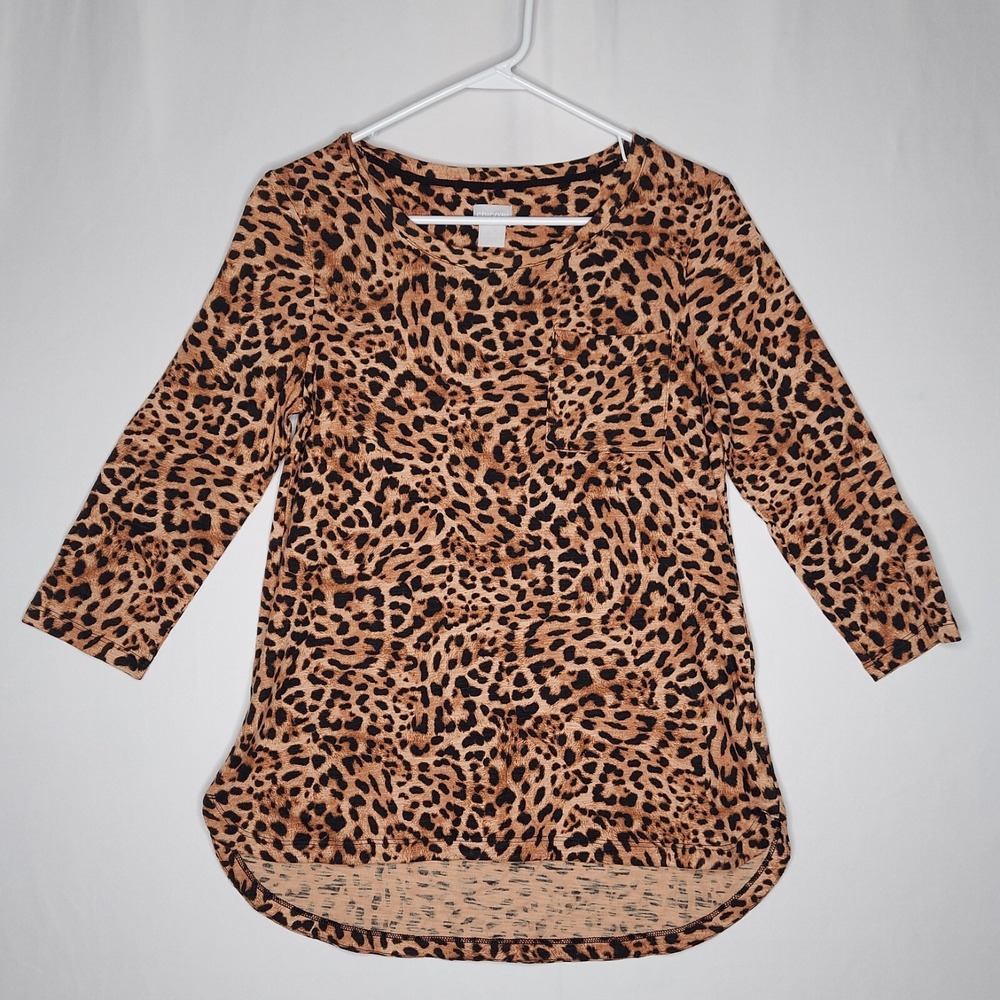 Chicos Top Women Small Orange Animal 3/4 Sleeve Scoop Neck Round Hem Hi-lo